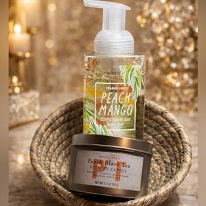 Trader Joe’s Peach Mango Scented Foaming Hand Soap & Peach Black Tea Candle NWT